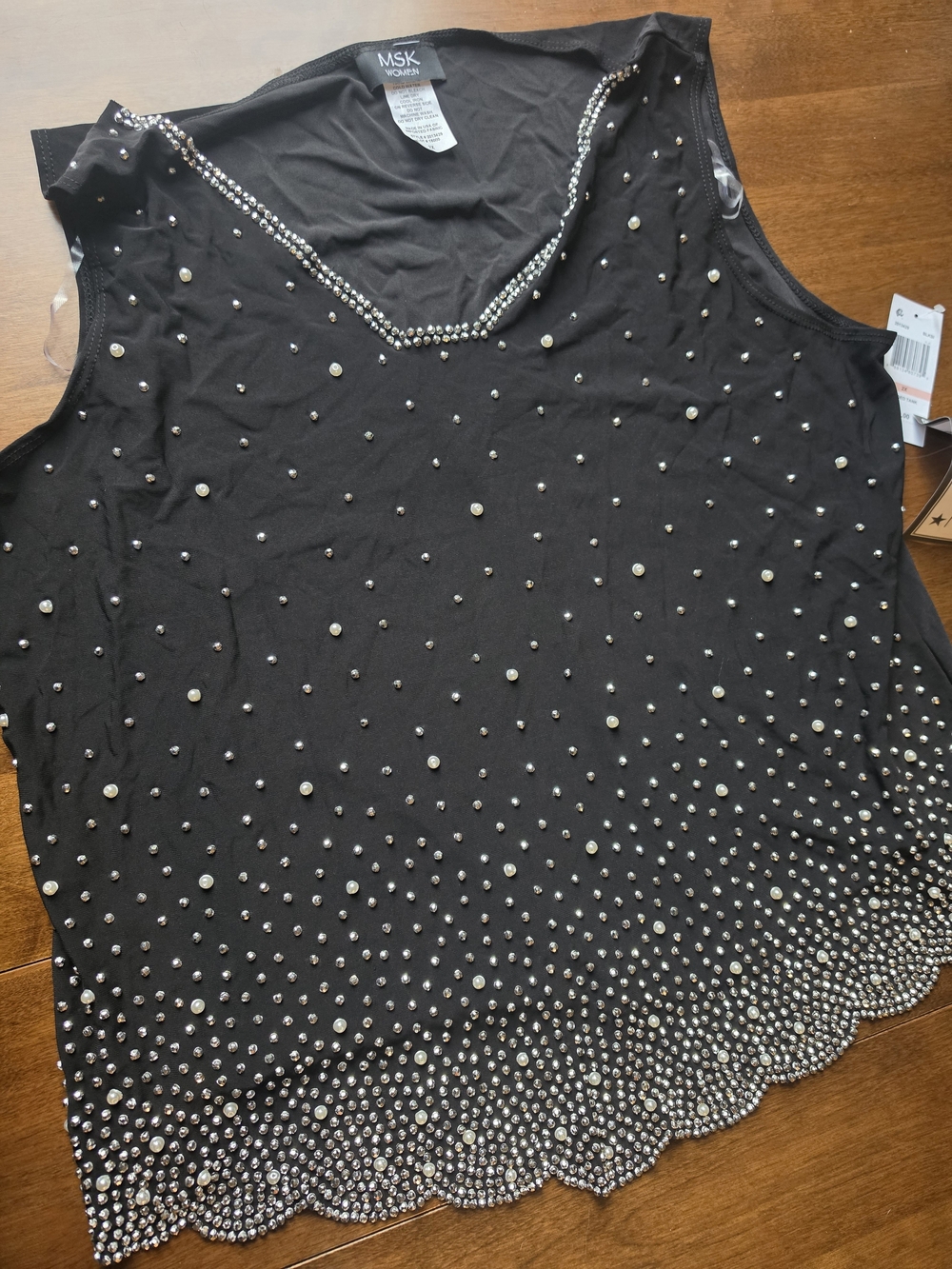 MSK Black Tank Top with Rhinestone & Pearl Accents